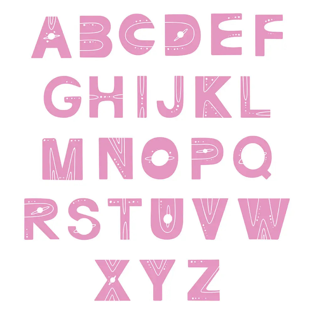 Pink alphabet letters with wood grain patterns for floral gold themed decor