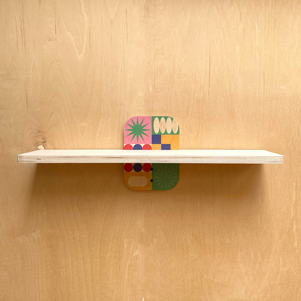 Wooden shelf with colorful exclusive geometric support on sturdy wall shelves product
