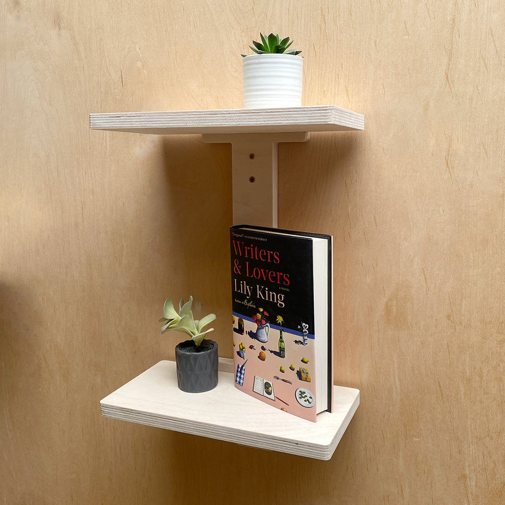 WoodArc Double Wall Shelf showcasing two-tiered wooden wall shelf with stylish decorations