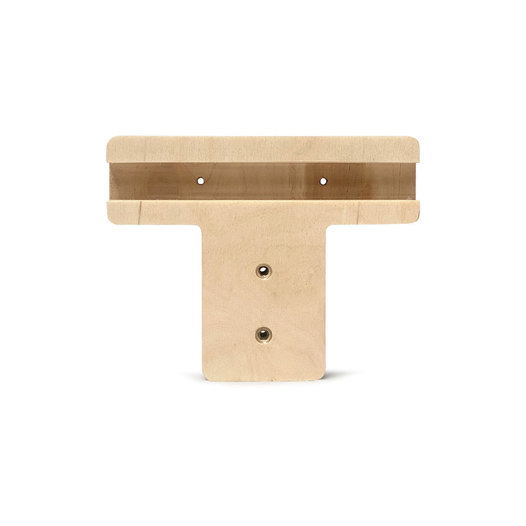 Wooden T-shaped bracket with mounting holes for WoodArc Double Wall Shelf storage