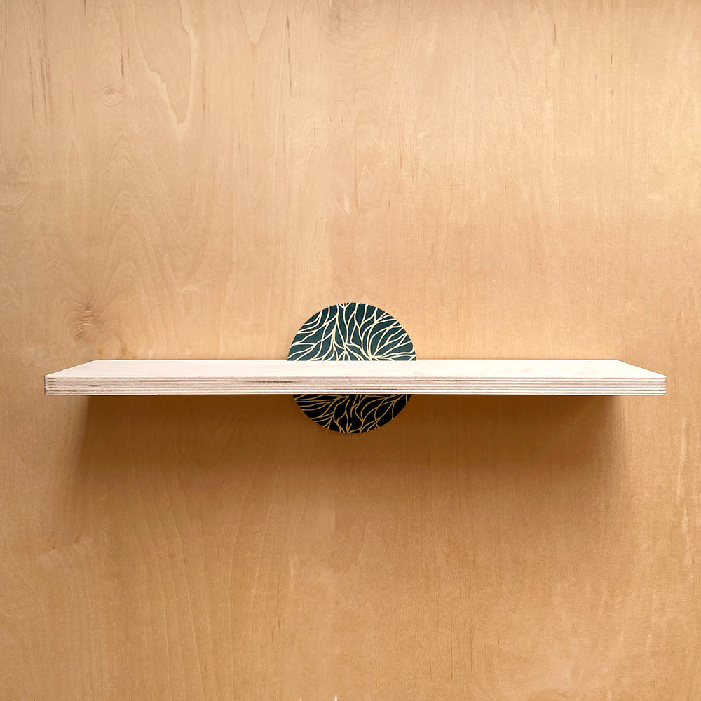 Wooden wall shelf with circular brackets for a sturdy wall storage solution