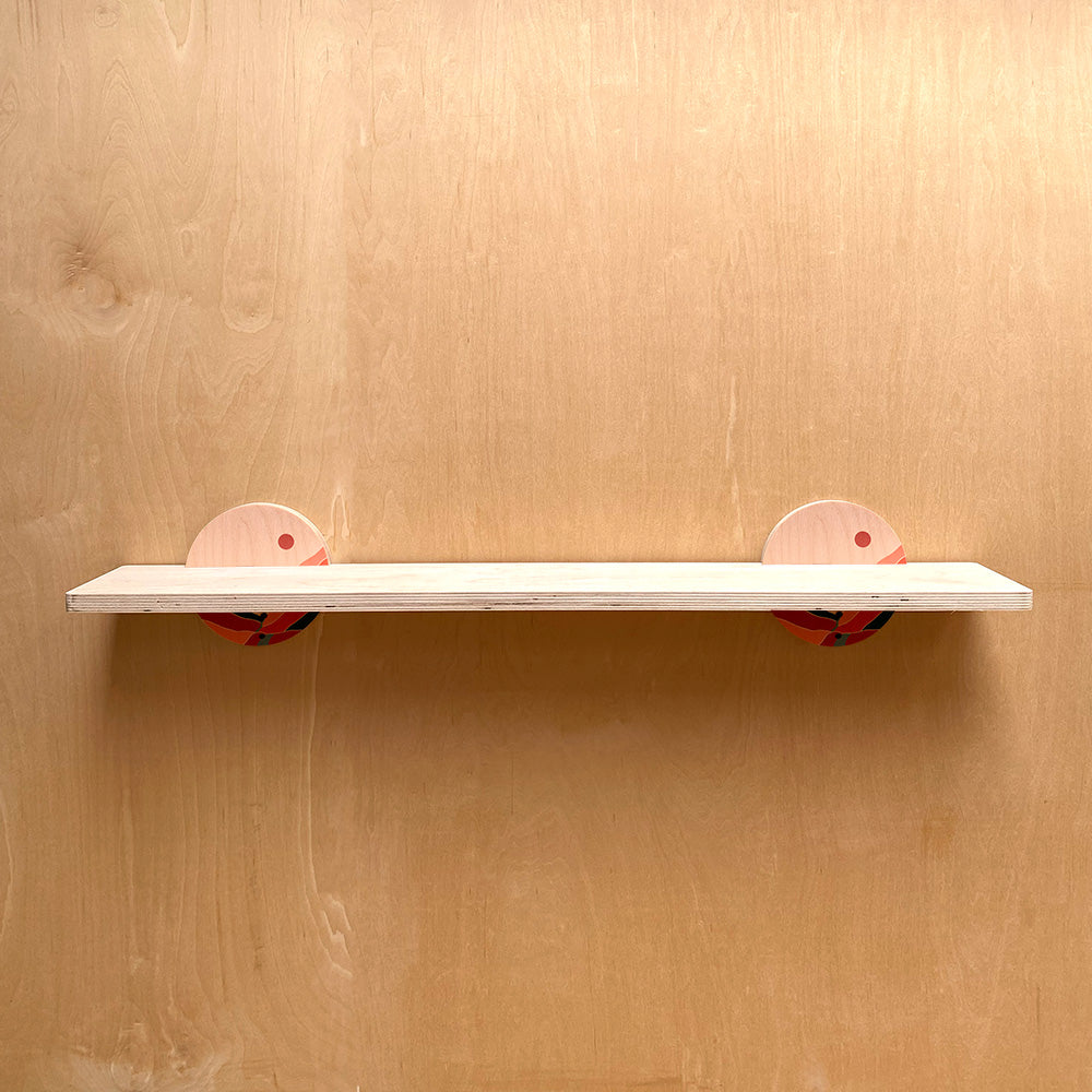 White wall shelf with pink bird-shaped supports showcasing a sturdy wall shelf design