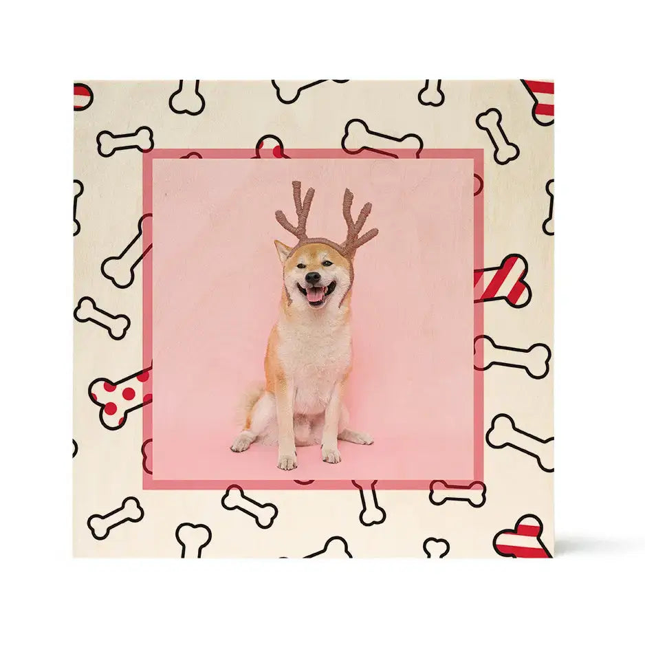 Smiling Shiba Inu in reindeer antlers with Wood Print design by Woodsnap’s Birch Pattern.