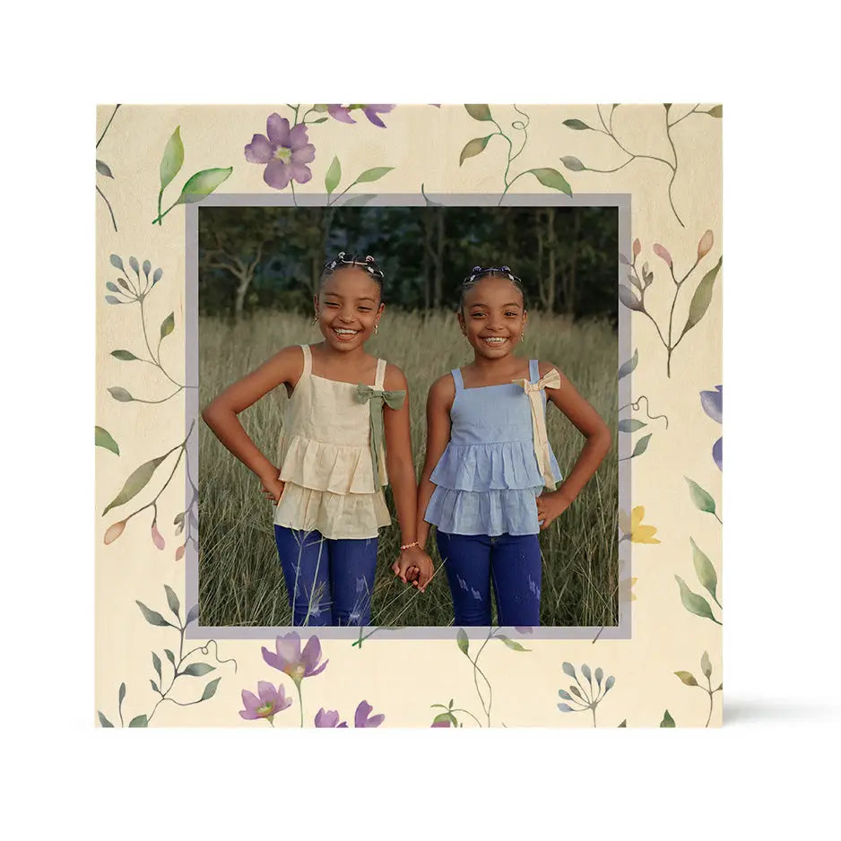 Floral-framed photo of twin girls on Birch Pattern Wood Print - Spring Flower design