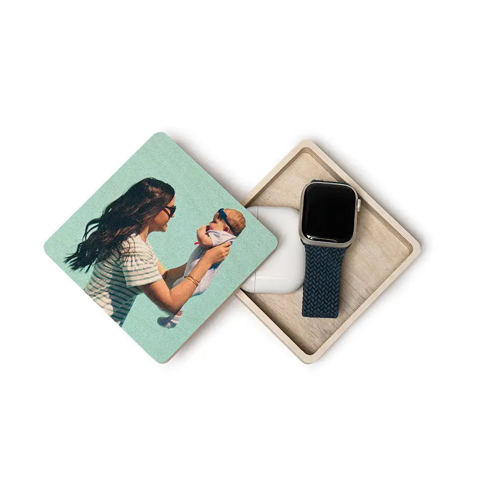 Square Stash Box Print featuring a woman enjoying coffee on a decorative coaster