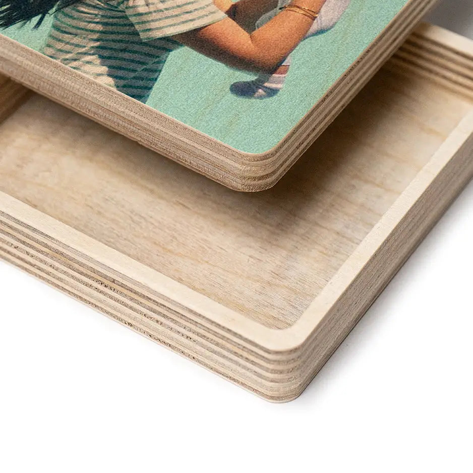 Wooden coasters featuring a man and woman, part of Square Stash Box Print collection