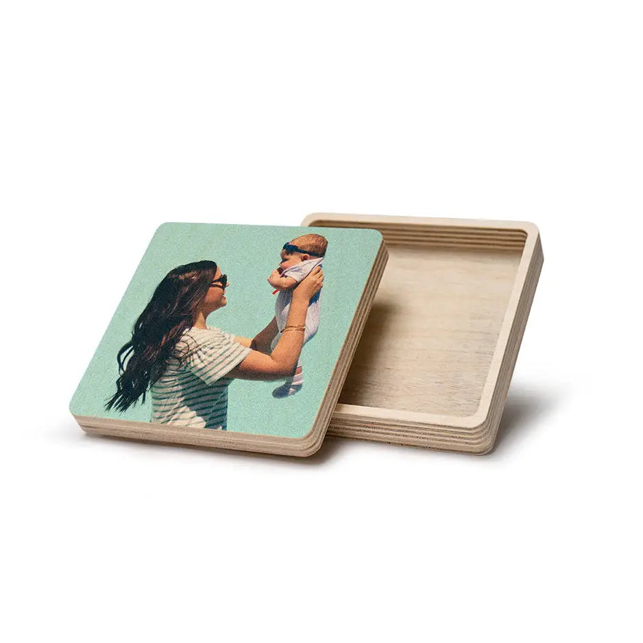 Wooden Square Stash Box Print featuring a woman holding a baby in a photo locket wood design