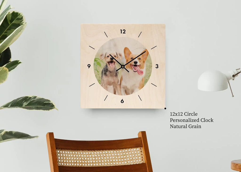 Square wall clock with a watercolor dog portrait on a natural grain background.