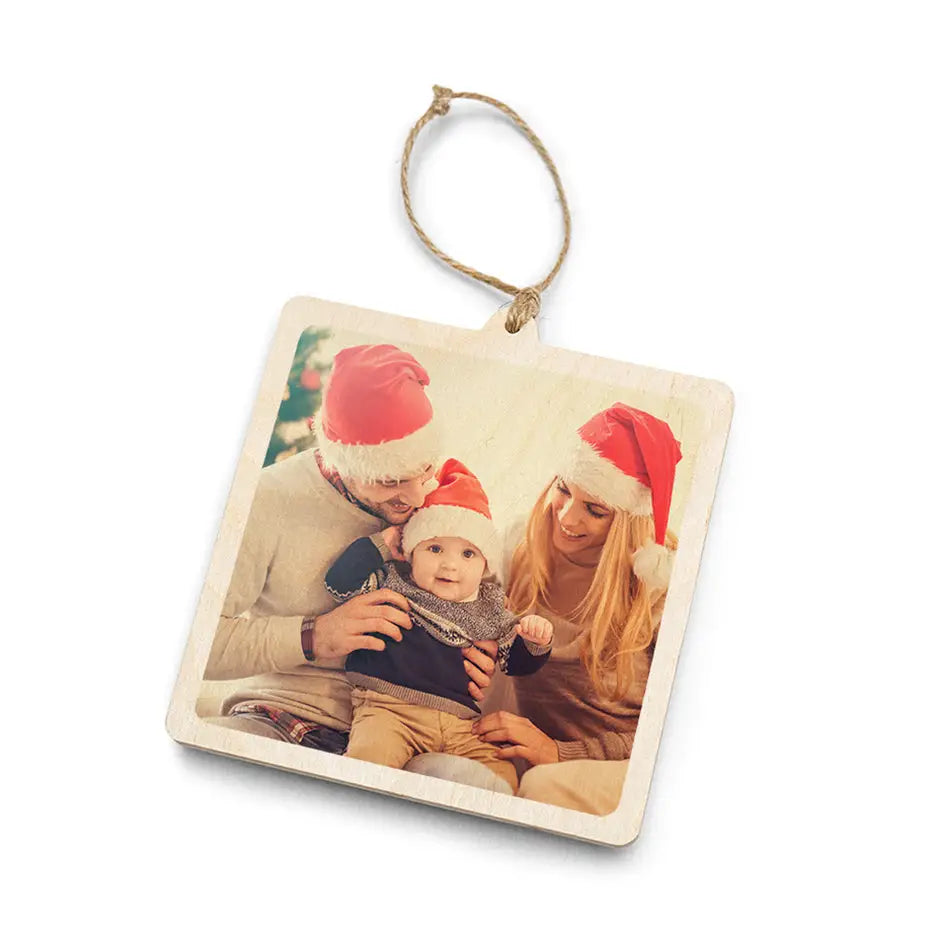 Christmas ornament with family photo on a square wood ornament, perfect for gift-giving