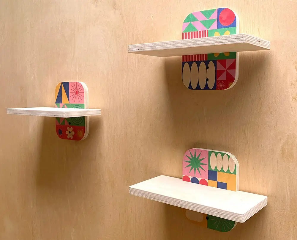 Colorful patterned floating wall shelves showcasing Woodsnap’s simple sturdy wall shelf with bracket designs