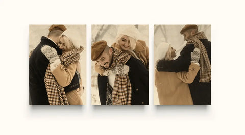 Couple in vintage clothing embracing, captured for the perfect wood print display.