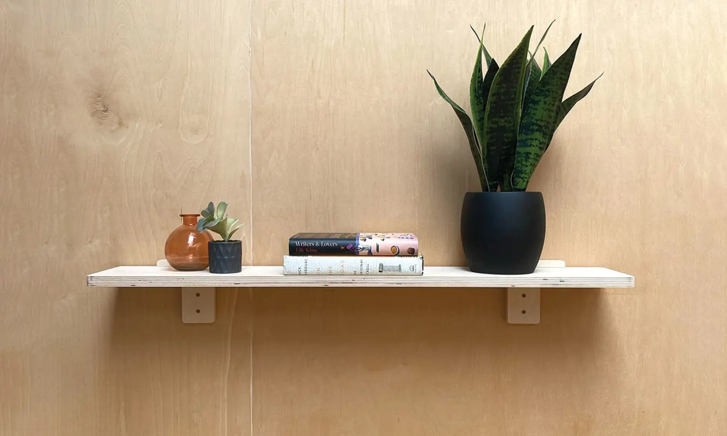 White wooden wall shelf with brackets holding books, vase, and plants for style compact spaces