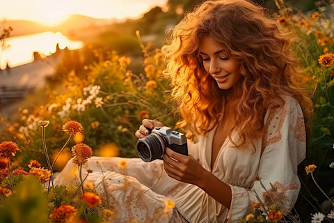 Woman with long curly hair holding a camera in a sunset field of orange flowers for wooden prints.