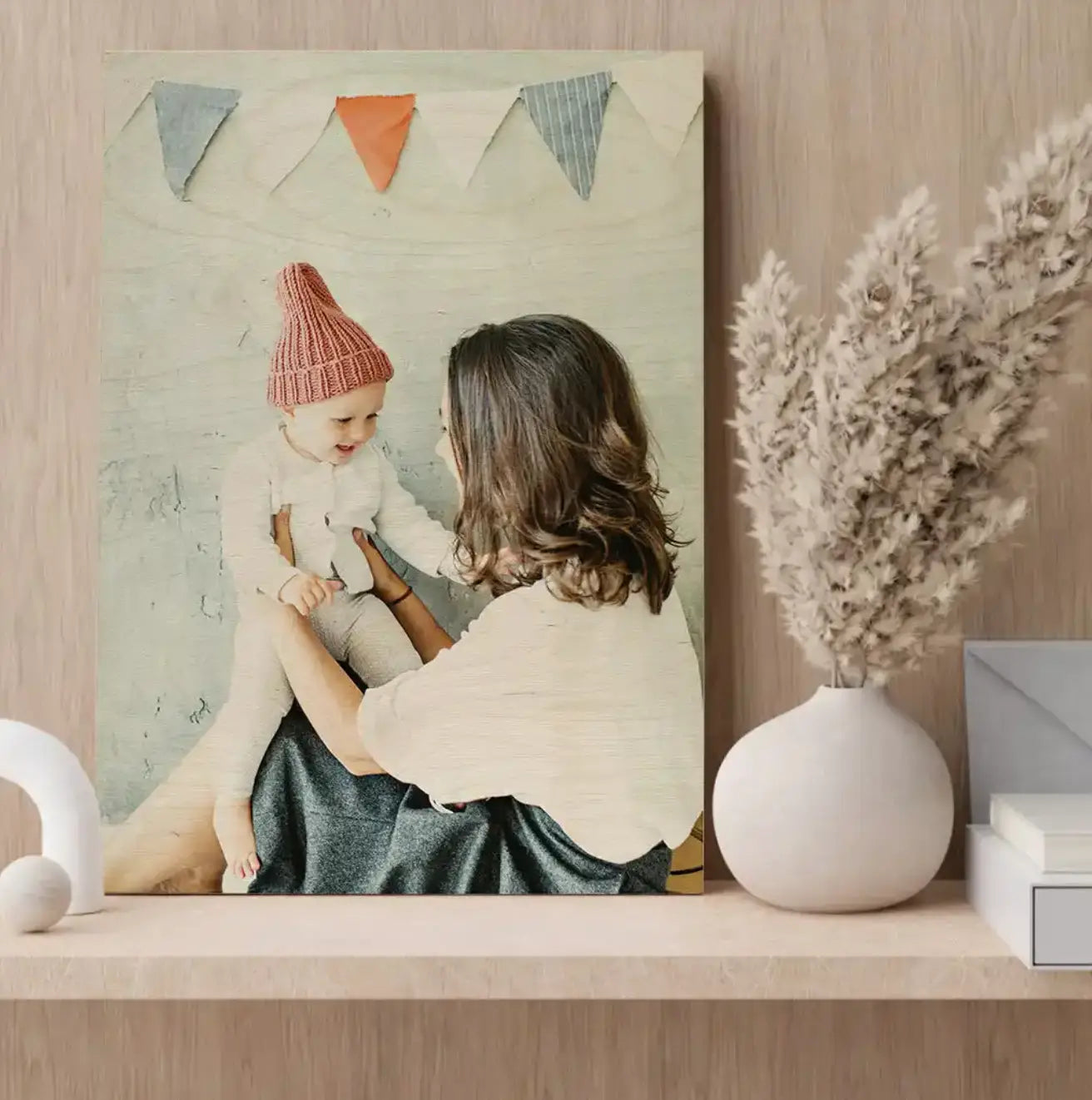 Wood-mounted photo of a mother and child capturing cherished memories with a rustic twist