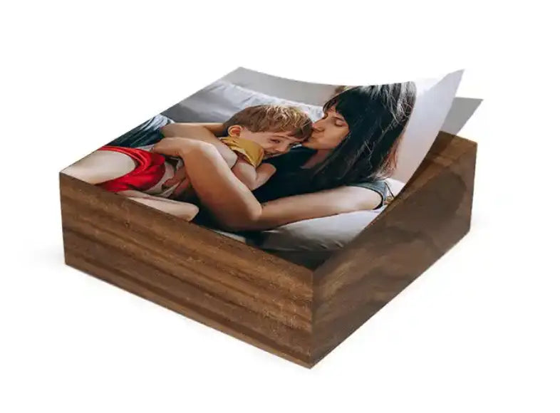 Wooden box with printed photos of mother and child on black walnut photo blocks