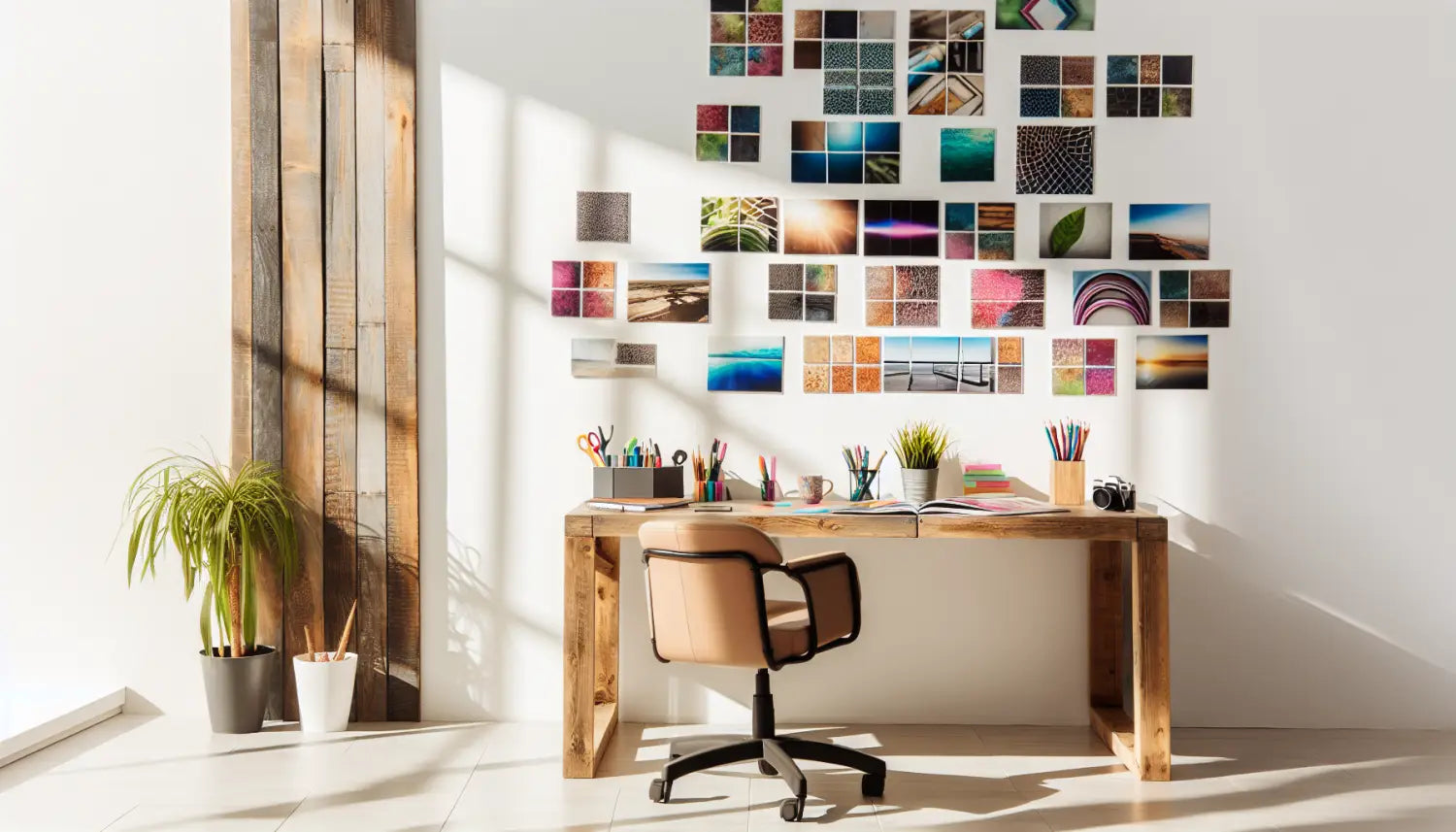 Wooden desk with stylish office chair in modern home workspace setup.