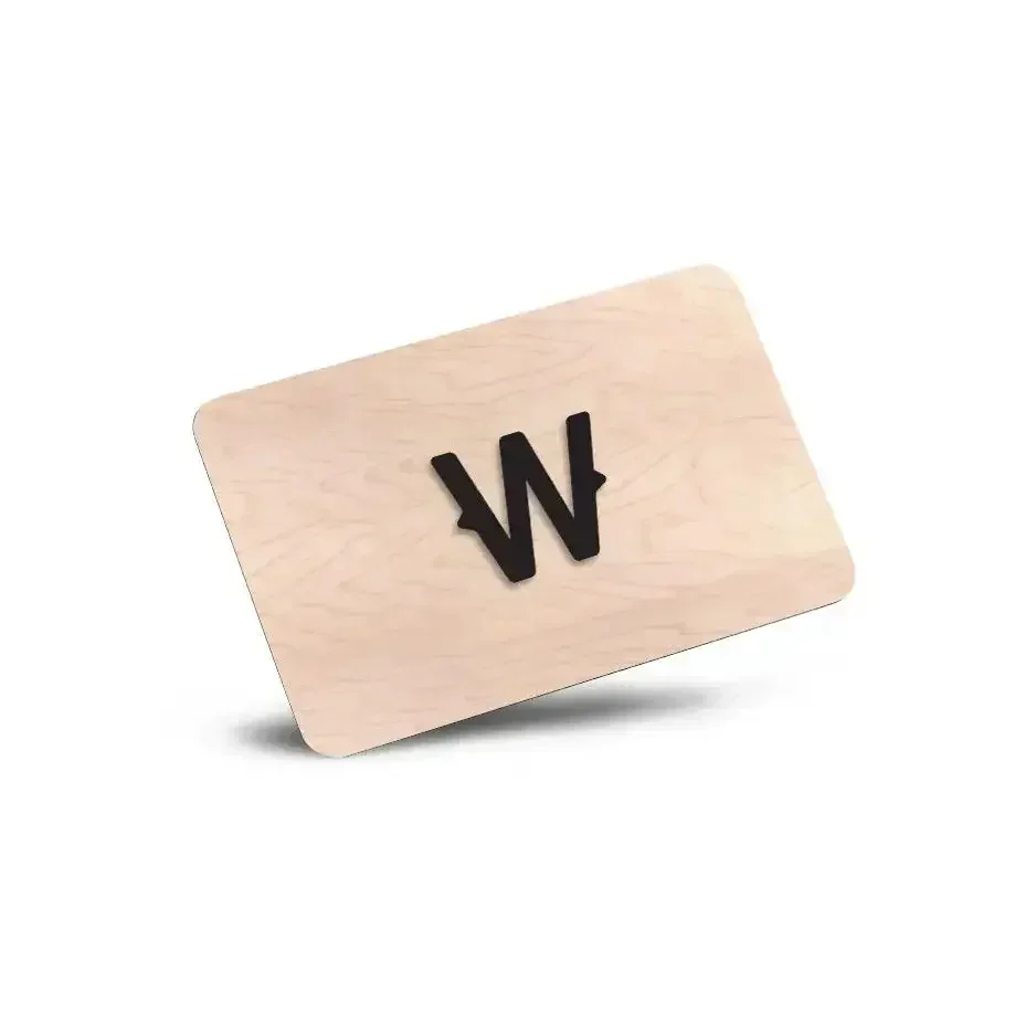 Wooden name plate with black letters for a Vify Gift Card, showcasing wood print vintage