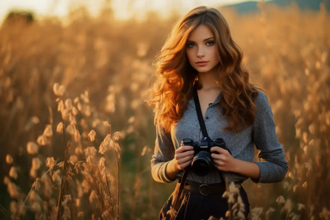 Young woman with camera in a field during golden hour for wooden prints inspiration